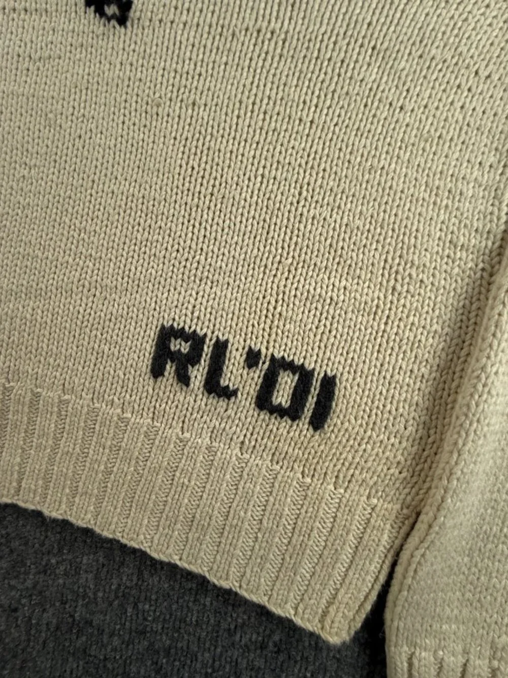VTG Polo Ralph Lauren Hand Knit Dog RL01 2001 Linen Blend Graphic Large Ivory